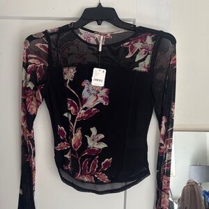 Free People Black Floral Mesh Blouse